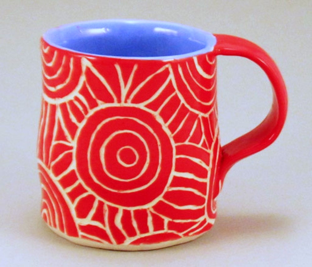 Bright Red & White Mug Sgraffito Carved Geometric Design Stoneware Pottery Cup