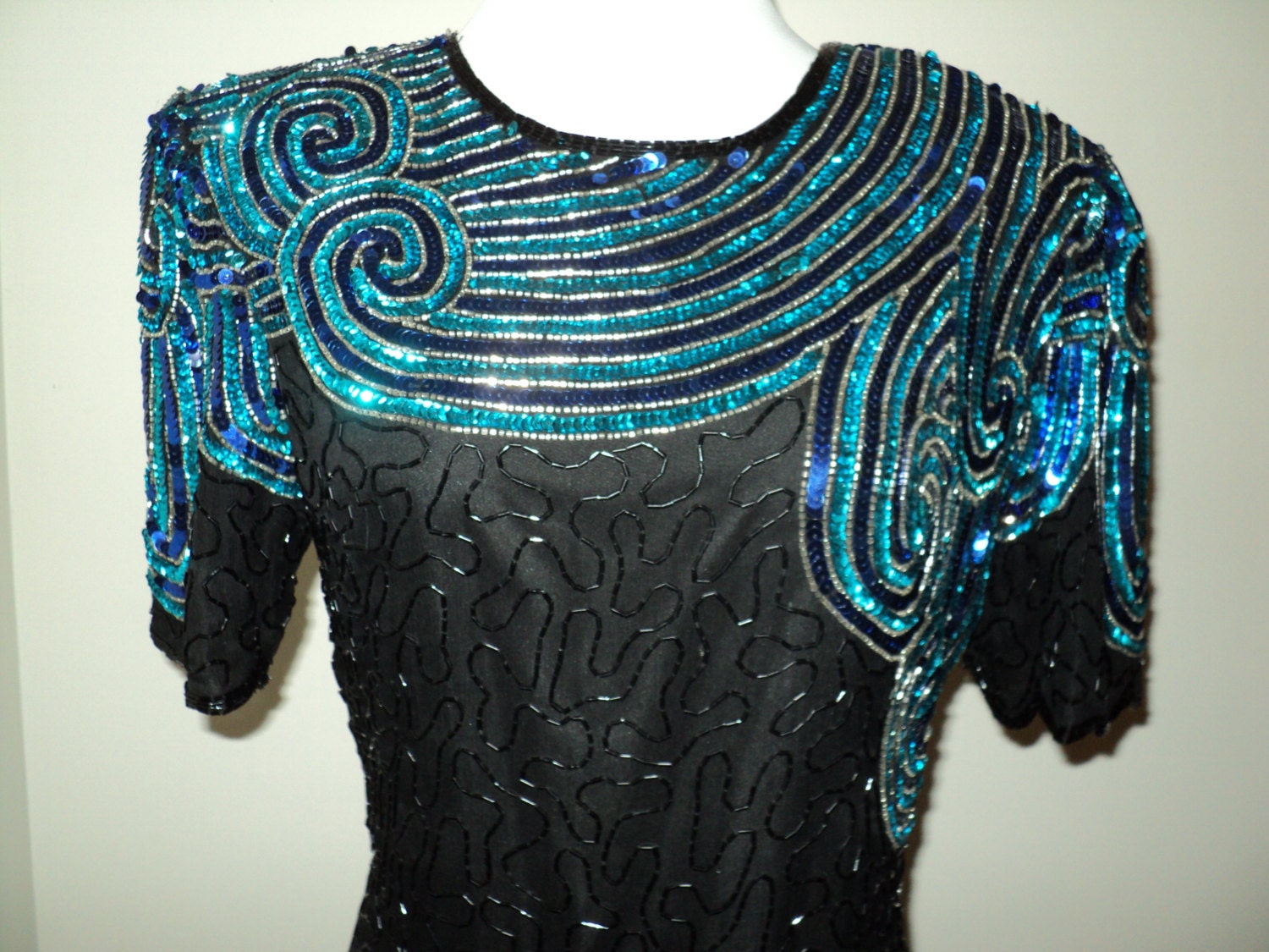 STARRY, STARRY, NIGHT, Vintage  Beaded and Sequined Formal Evening Dress, with a Starry Night like Design in Sequins - RRGS