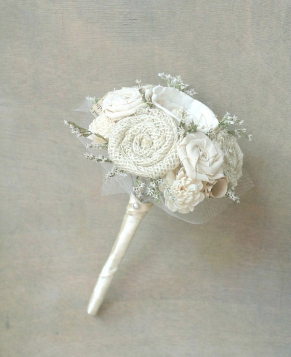Rustic Cream Ivory Alternative Toss Bouquet - Jr Bridesmaid, Sola Wood, Wildflowers, Book Flowers, Fabric  Flowers, Burlap Rosettes