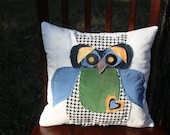 owls, pillows made from vintage and repurposed fabrics/buttons