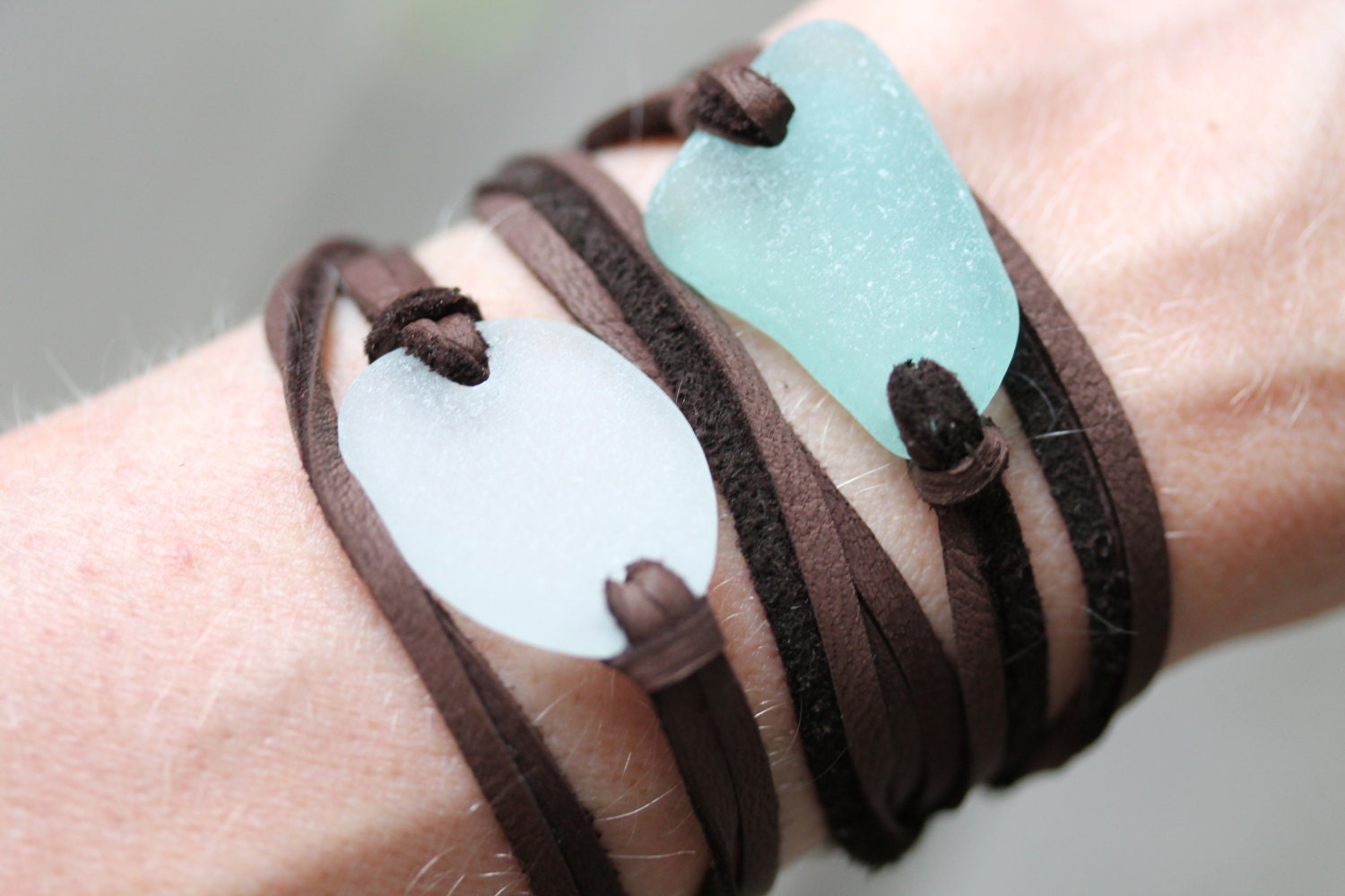 Sea Glass & Leather Wrap Bracelet or Necklace - Aqua - TheRubbishRevival