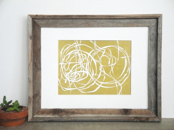 Modern Contemporary Lines and Circles Linocut Art Print / 9 x 12 Home Decor / Gold, Silver