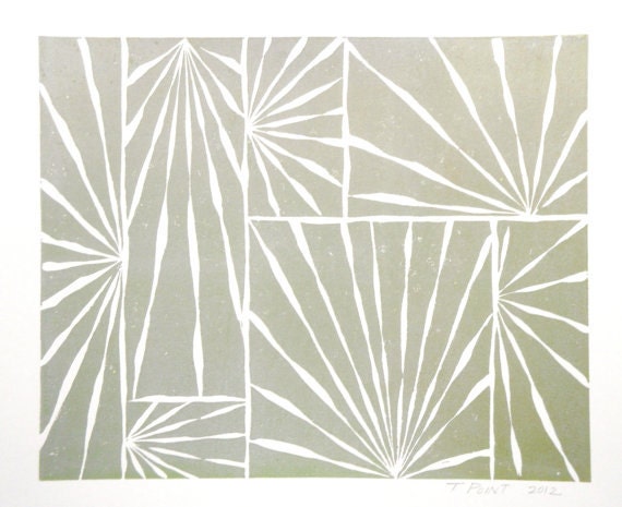 SALE Abstract Nature Palm Leaves Art Block Print 8 x 10 Home Decor / Silver, Gold, Green Accents / Hand Pulled Linocut / Gift
