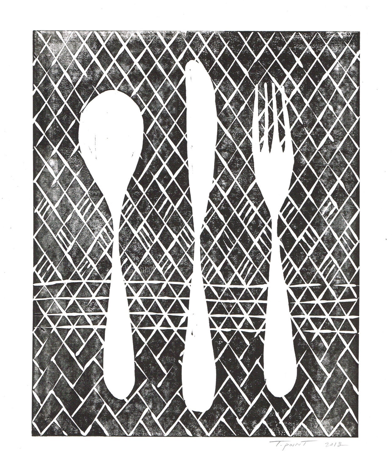 SALE Spoon Knife Fork Kitchen Poster Art Block Print 8 x 10 Home Decor / Black, Turquoise, Navy, Gold  / Hand Pulled Linocut