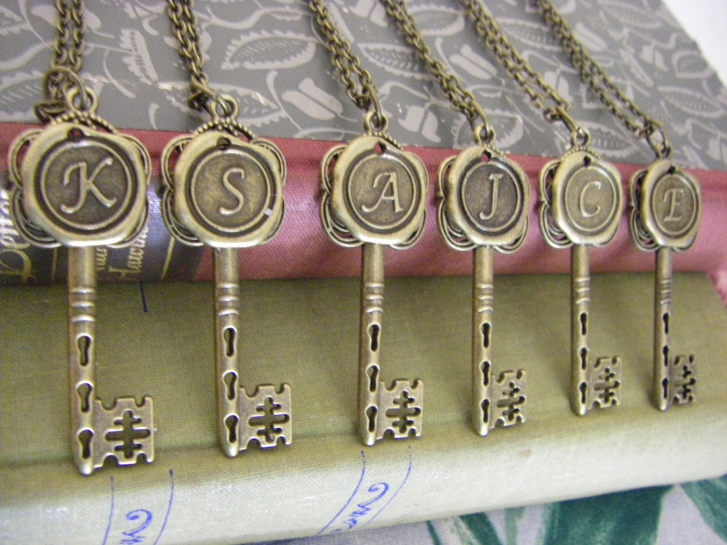 Bridesmaids Gifts Six Initial Monogram Key Necklaces wax seal bronze 6 necklaces 18th century