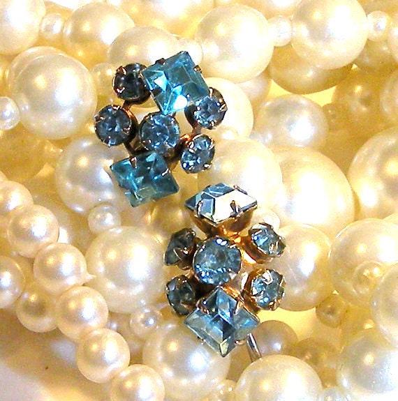 Vintage Earrings Ice Blue Rhinestones Screw