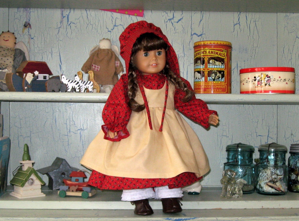 American Girl 18 inch Doll Red Print Pioneer Dress, Sun Bonnet and Light Nutural Cotton Pinafore.