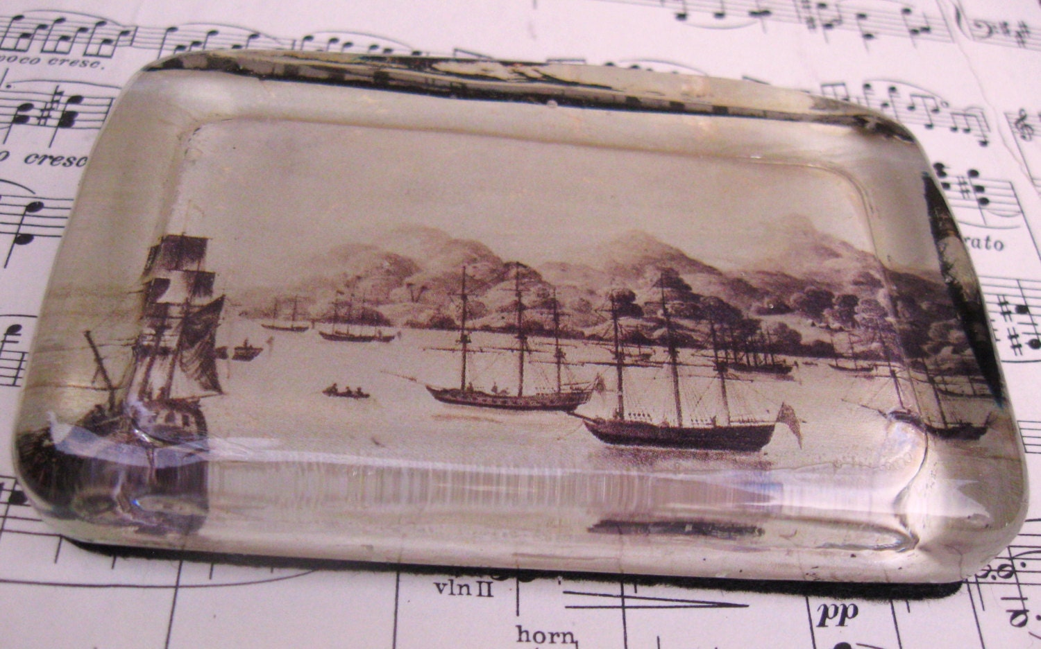 Vintage Nautical, Seascape Fathers Day Gift Harbor Ship Etching, Shabby Home Decor Beach Cottage, Large Glass Paperweight,