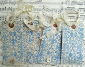 All Occasion Blue and White Damask Pattern Handmade Shabby Vintage Large Gift Tags, Vintage Button Tags, Paper Goods Gift Wrap