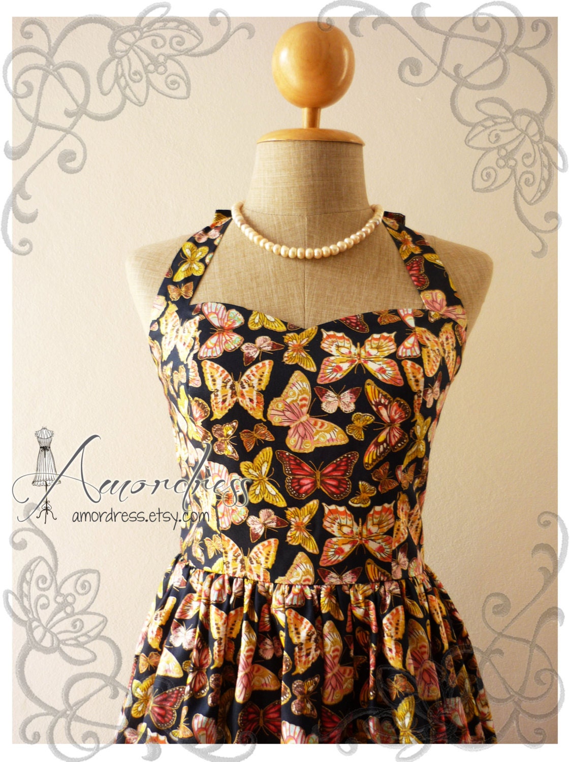 Dress Butterfly Vintage Inspired Halter Neck Garden Inspired Dress Wedding Prom Party Bridesmaid Dress - Once Upon A Time-  Size S-