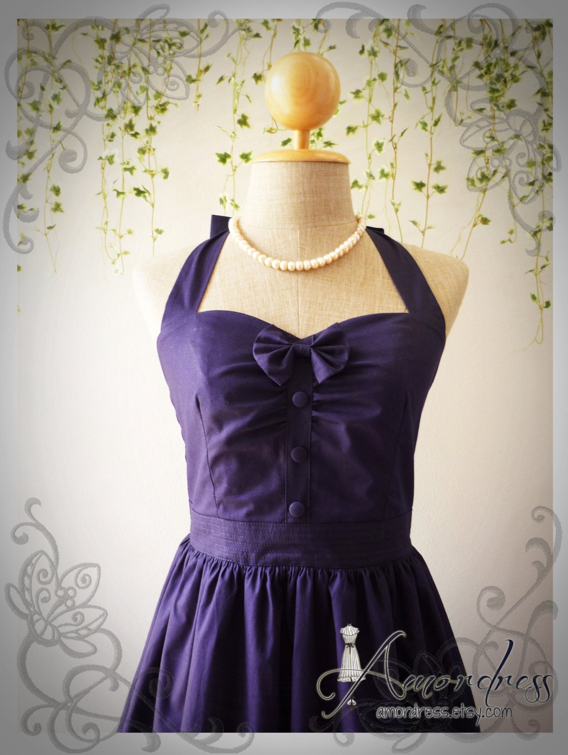 The Goddess Navy Dress Dark Blue Dress Vintage Inspired Party Dress Tea Party Garden Dress Bridesmaid Wedding Bridal Dress -Size S-M-