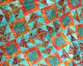 Batik Patchwork Quilt, Oriental Geese in Orange and Teal