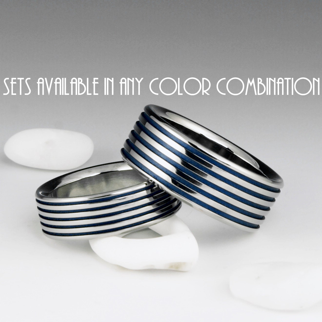 Titanium Ring Unique Wedding Band Set, Engagement, Promise or Anniversary Set with Blue Pinstripes