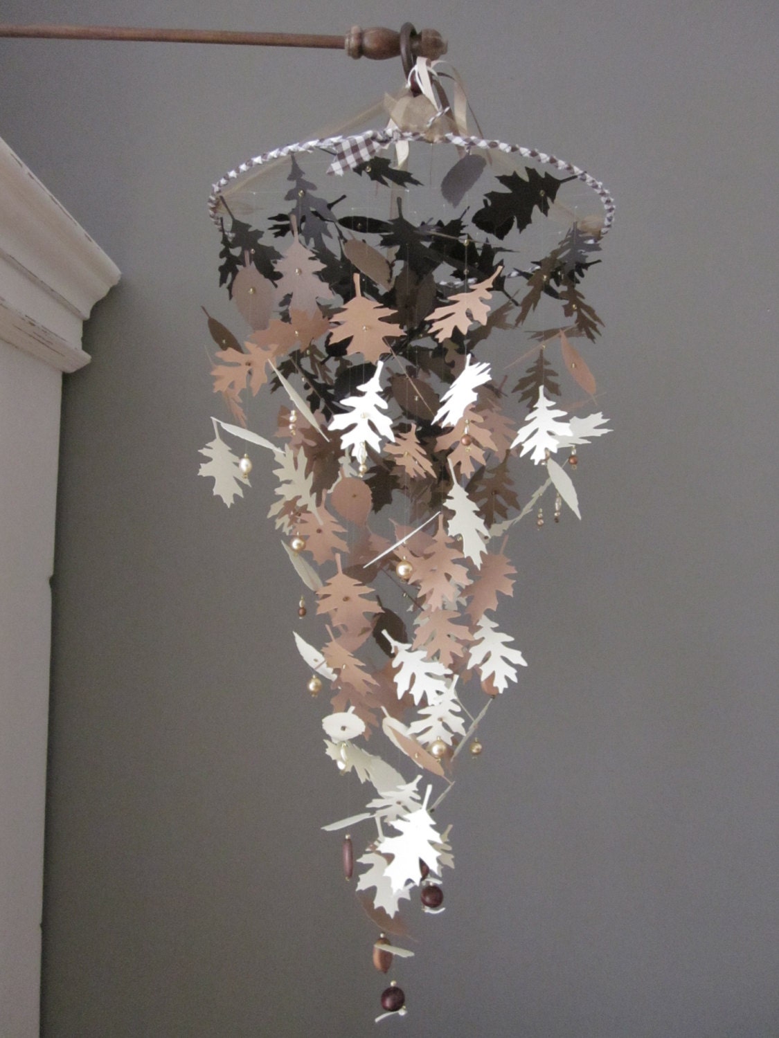 Nature inspired paper leaves mobile in creme/brown shades --- Wedding decoration, natural themed nursery, photoprop or on a boy's room