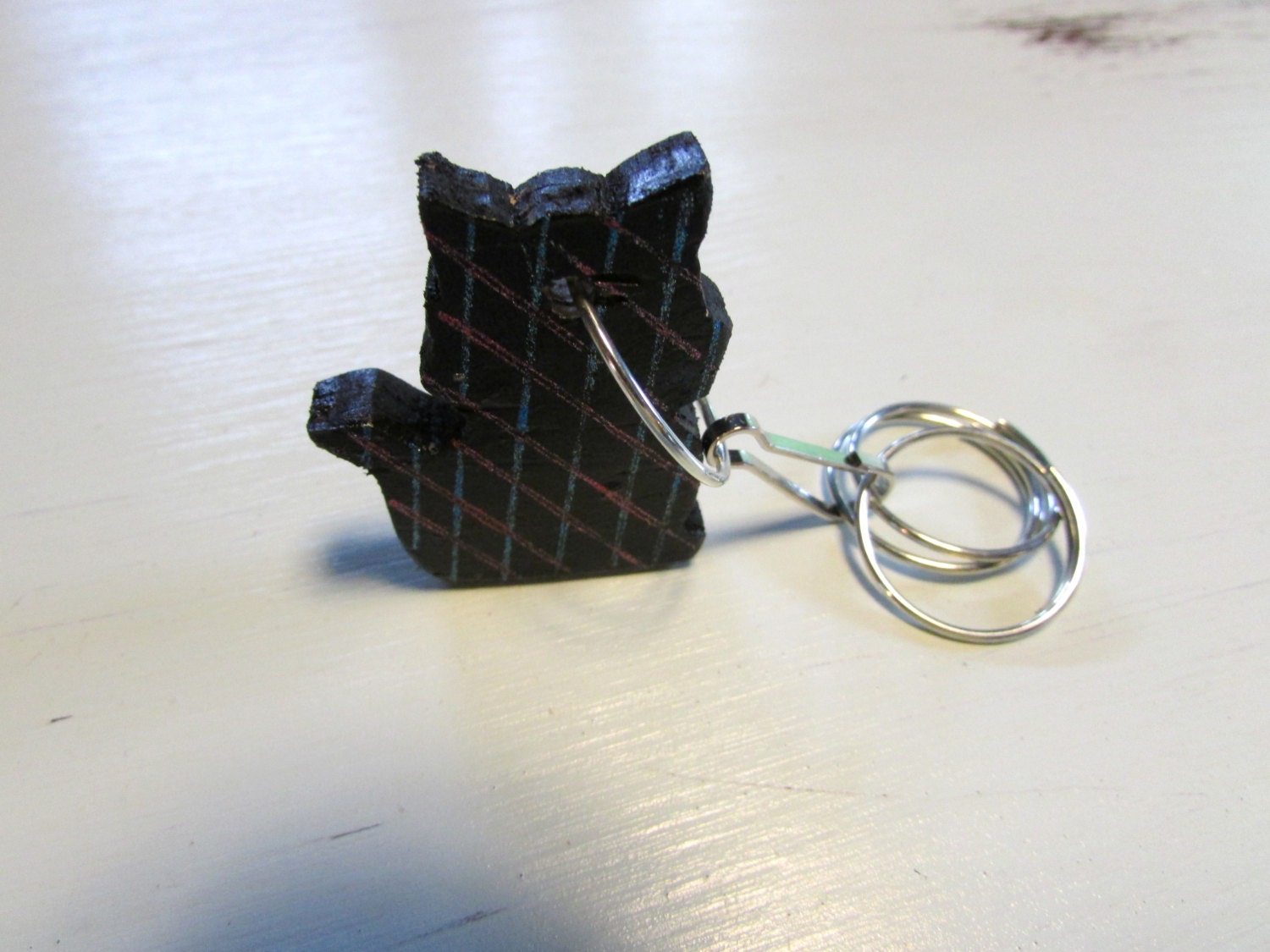 Black Cat Keychain with Painted Pattern Wood