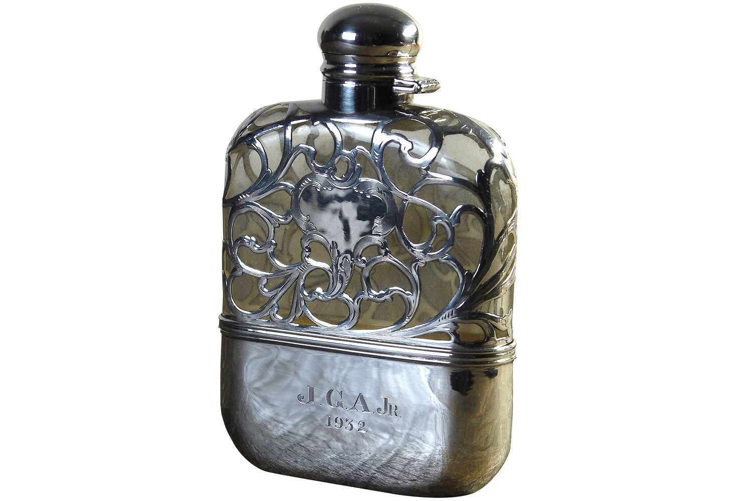 Vintage Sterling Silver Flask With Exceptional Filigree Hand Carved Details, Dated 1932 SALE