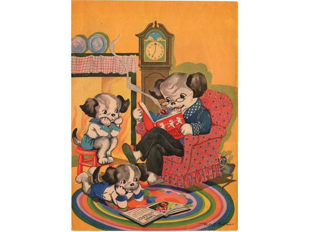 Vintage Childrens Book Page Father Dog Reading to Puppies 1930s Color