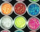Nail Art Glitter Supply / set of 12 / small hexagon glitter  / Vibrant shades of spring pink purple orange yellow blue green