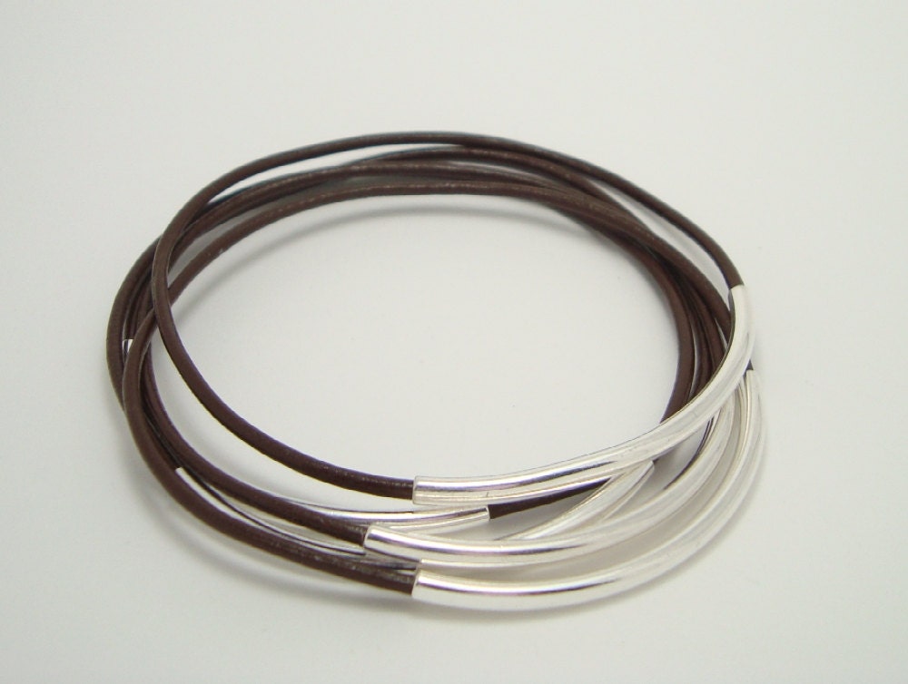 Chocolate Brown Leather Bangle Bracelets with Silver Plated Curved Tubes - Set of 5 - Minimalist Jewelry - Rocker Country