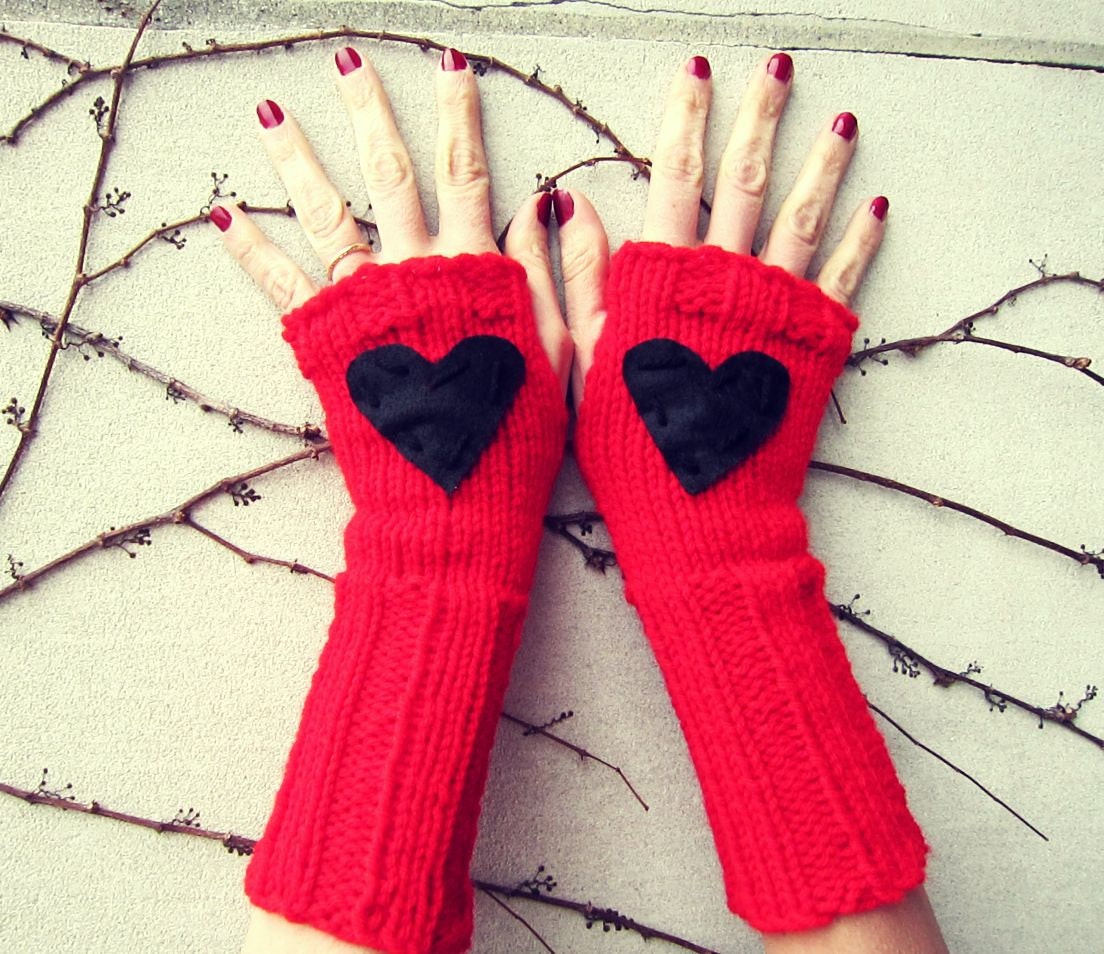 Heart Fingerless Gloves Red Black Knitted Crochet Long Hand Warmers Womens