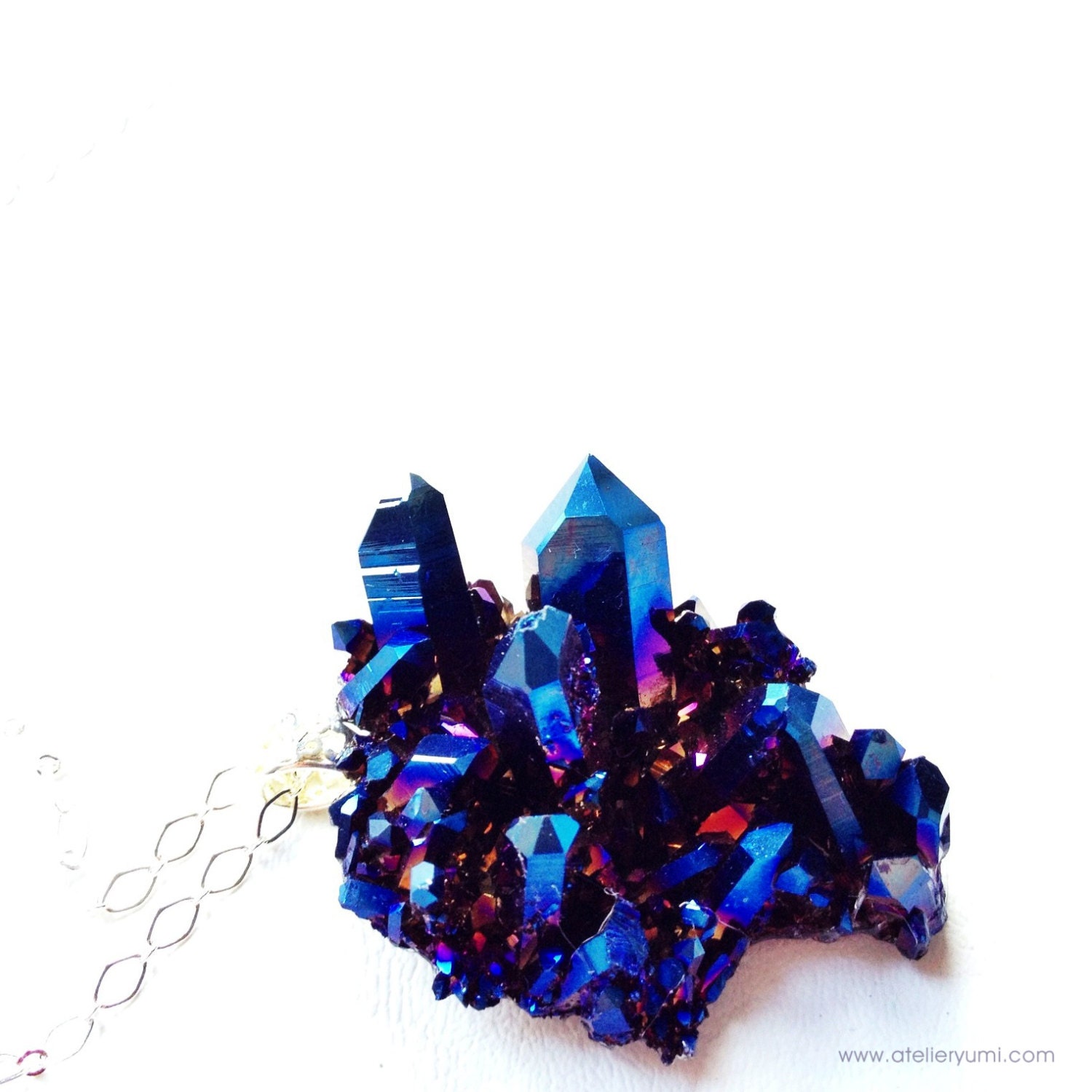 Royal Aura Quartz Crystal Necklace, Blue Titanium Quartz Statement Necklace