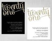 PRINTABLE 21st Birthday Gold Glitter Black OR White Party Invitation - digital invite