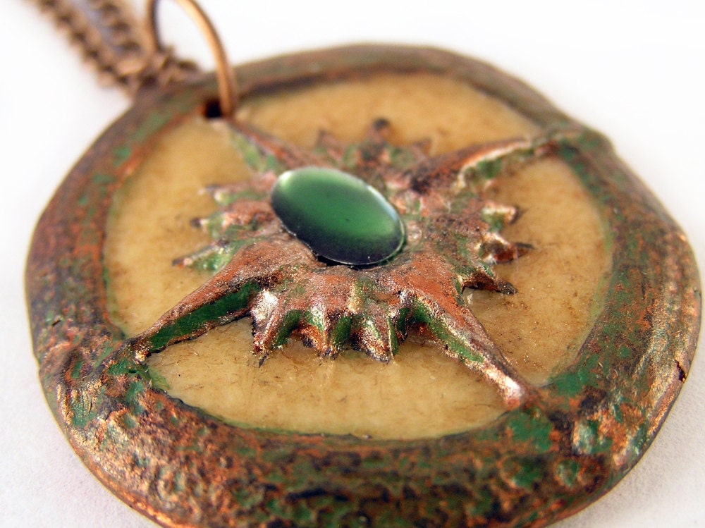 Glow in the Dark Compass pendant. Copper, green, & bone. Handmade steampunk jewelry