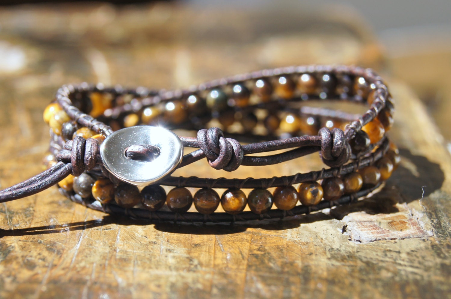 Double Wrap Leather Beaded Bracelet Boho Bohemian Shabby Chic
