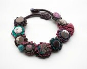 Fiber art necklace, crochet, embroidered with fabric buttons - brown, pink, teal - OOAK