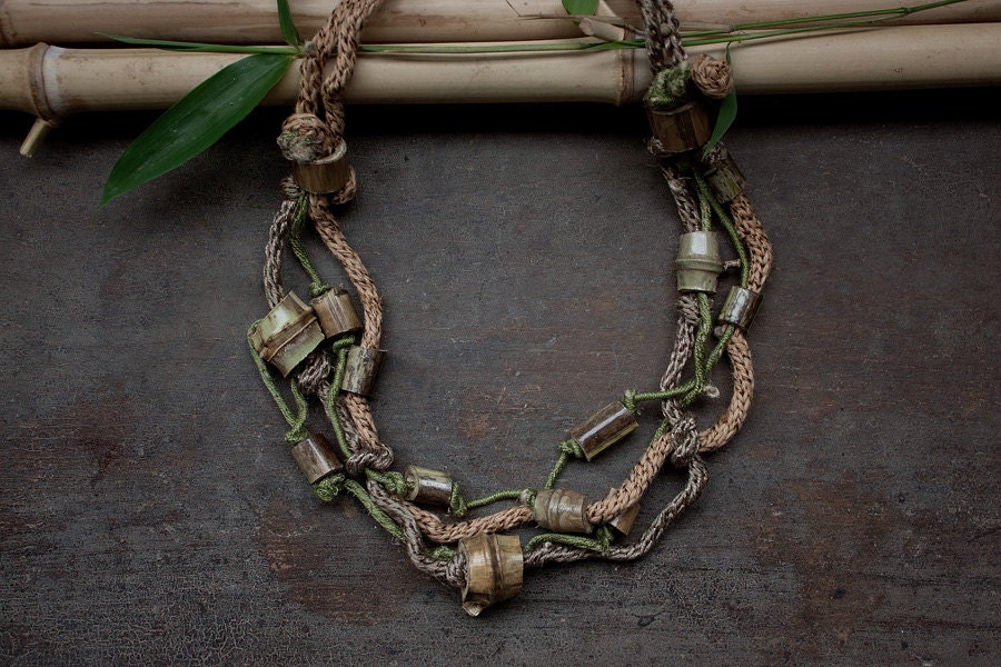 Knitted statement necklace with bamboo beads, tan green, OOAK