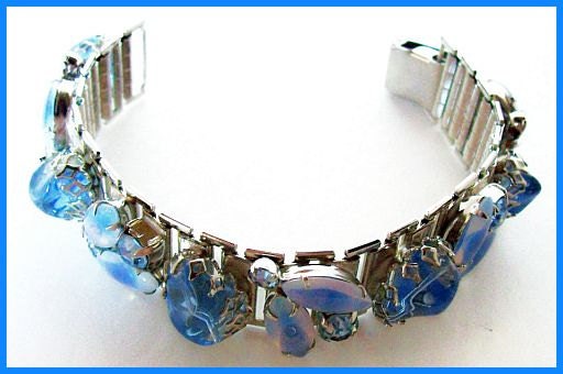 Vintage Art Deco Bracelet Blue Givre Art Glass & Rhinestone Silver Book Link High End BIG 7"