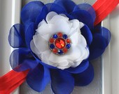 Royal Blue & White Flower Headband - Baby Girl Blue Flower Blossom Headband with Patriotic USA Accents - 4th of July Baby Hair Bow