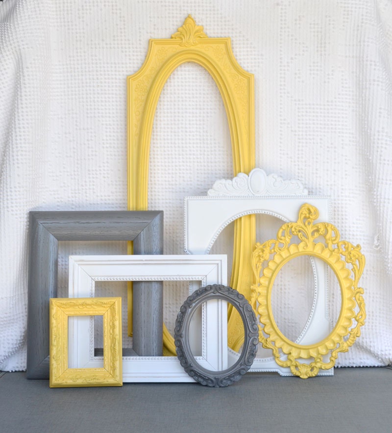 Yellow, Grey White Ornate Vintage Open Frames Set of 7 - Upcycled Frames Modern  Bedroom Decor