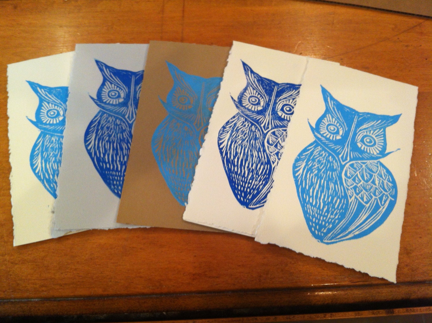 Woodblock printed owl greeting card