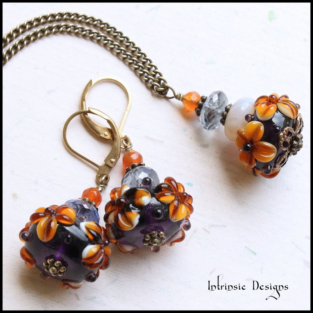 Lampwork 3D Orange and Purple Glass Flower Earrings and Necklace Set