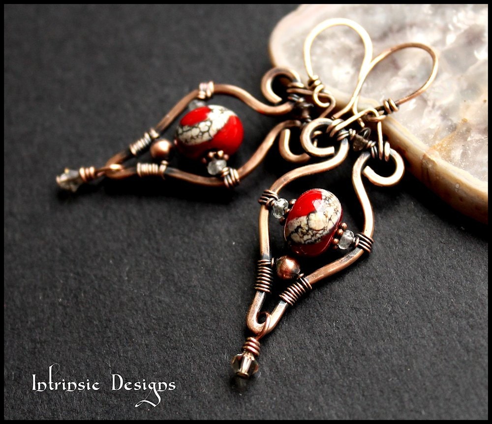 Wirewrapped Red Lampwork Glass and Aquamarine Earrings in Bronze and Copper