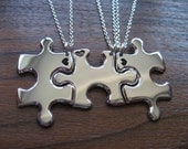 Three Puzzle Heart Pieces with Hearts, Best Friends Necklace Pendants