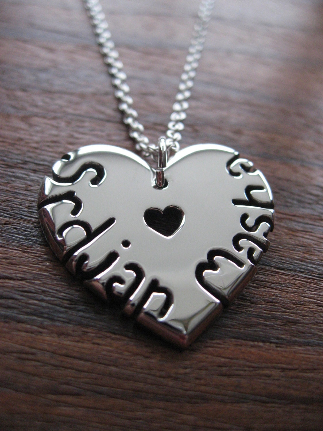 Two names on a Thick Silver Heart Pendant Necklace