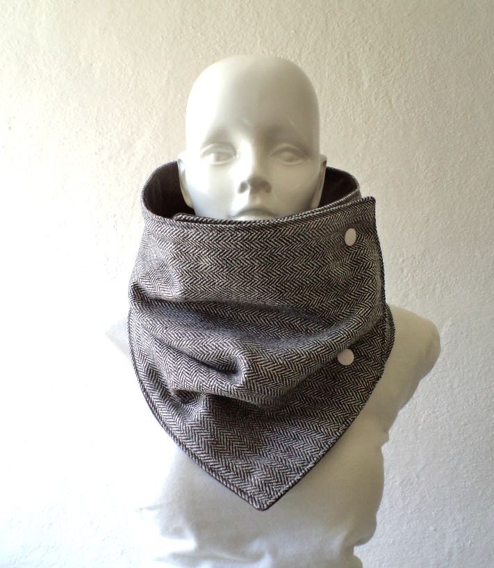 Woman scarf. women cowl,  Extra Wide, asymmetric, herringbone wool in black and white. Trendy, modern, chunky  and cozy.