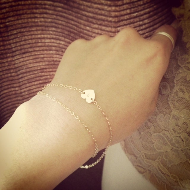 Dainty  9K Yellow Gold Medium Heart  Layered Bracelet - Heart Initial Layered Bracelet -  Personalization Gift - Everyday Jewelry