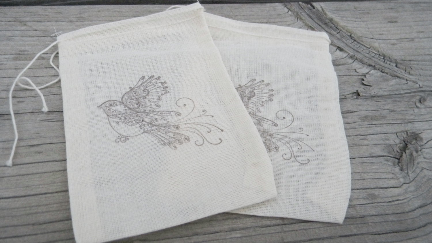 Set of 10 Hand stamped Bird Wedding Bag Muslin Party Favor Bags 100% organic made in america