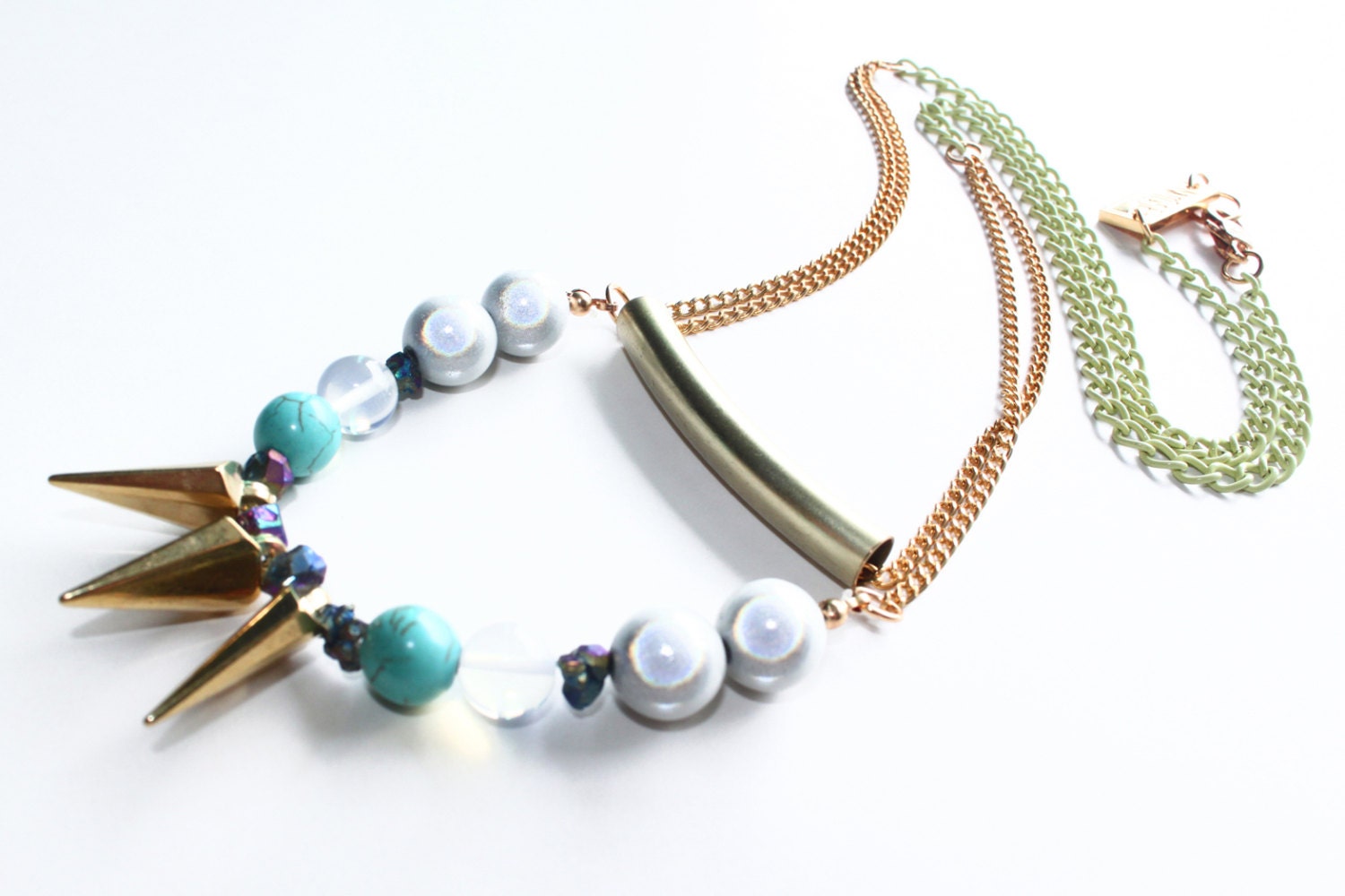 Remedy, boho necklace, hologram beads, turquoise stones, moonstone, spikes, gold chain, multi layer, SS13, statement, spacepunk, OOAK