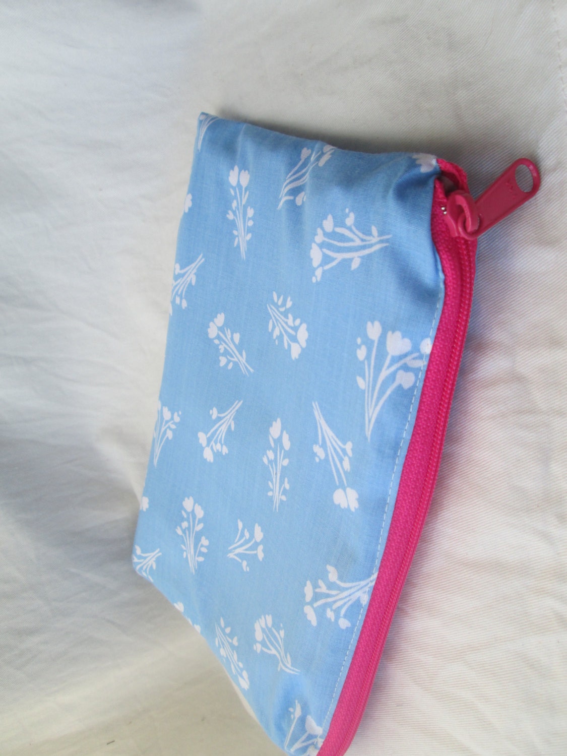 Sale: 9" pink zippered blue floral clutch, bank bag, coin purse, organizer, cosmetic