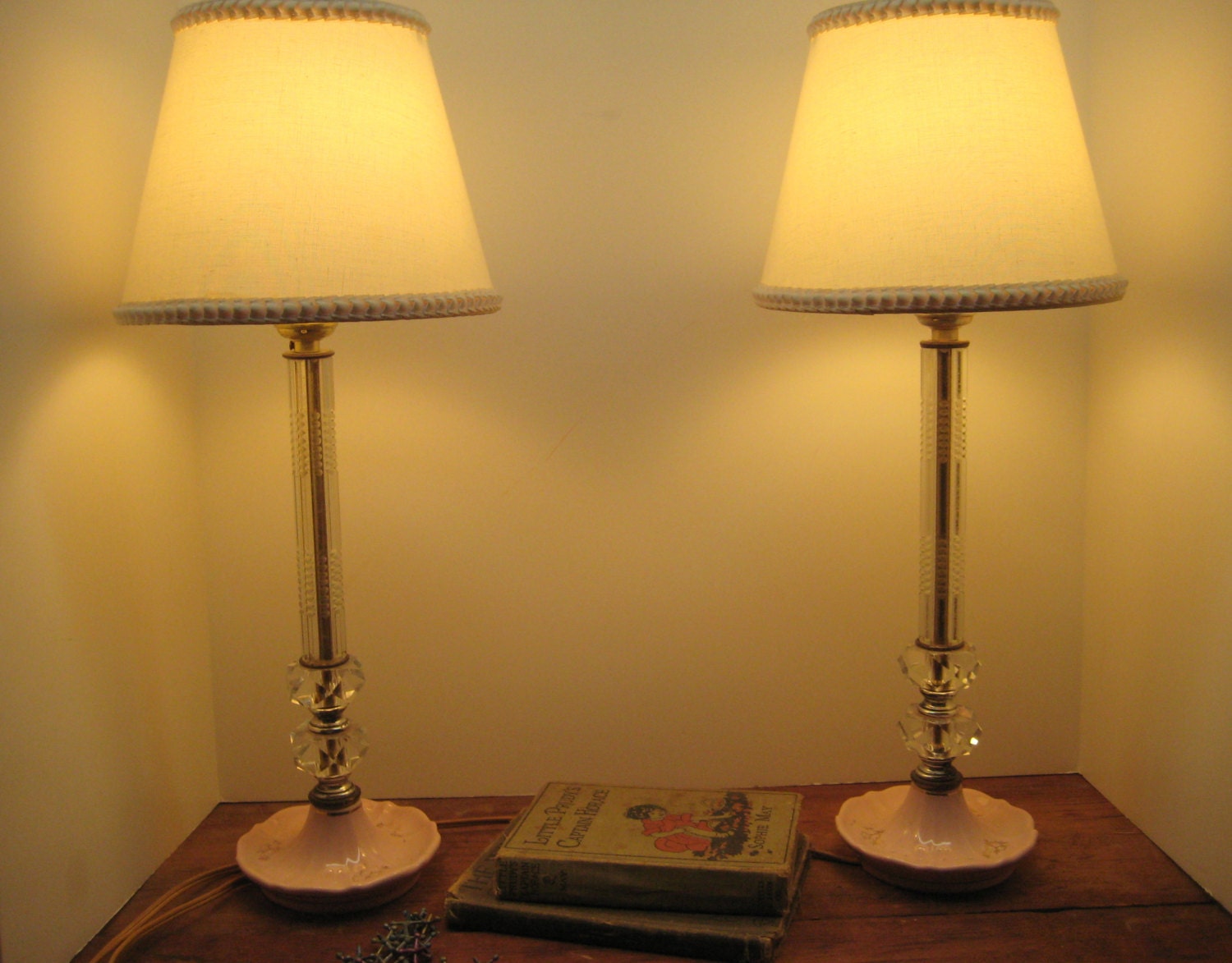 Vintage Pair 1940s Boudoir or Bedroom Lamps, Pink, Crystal Stemmed, Beautiful