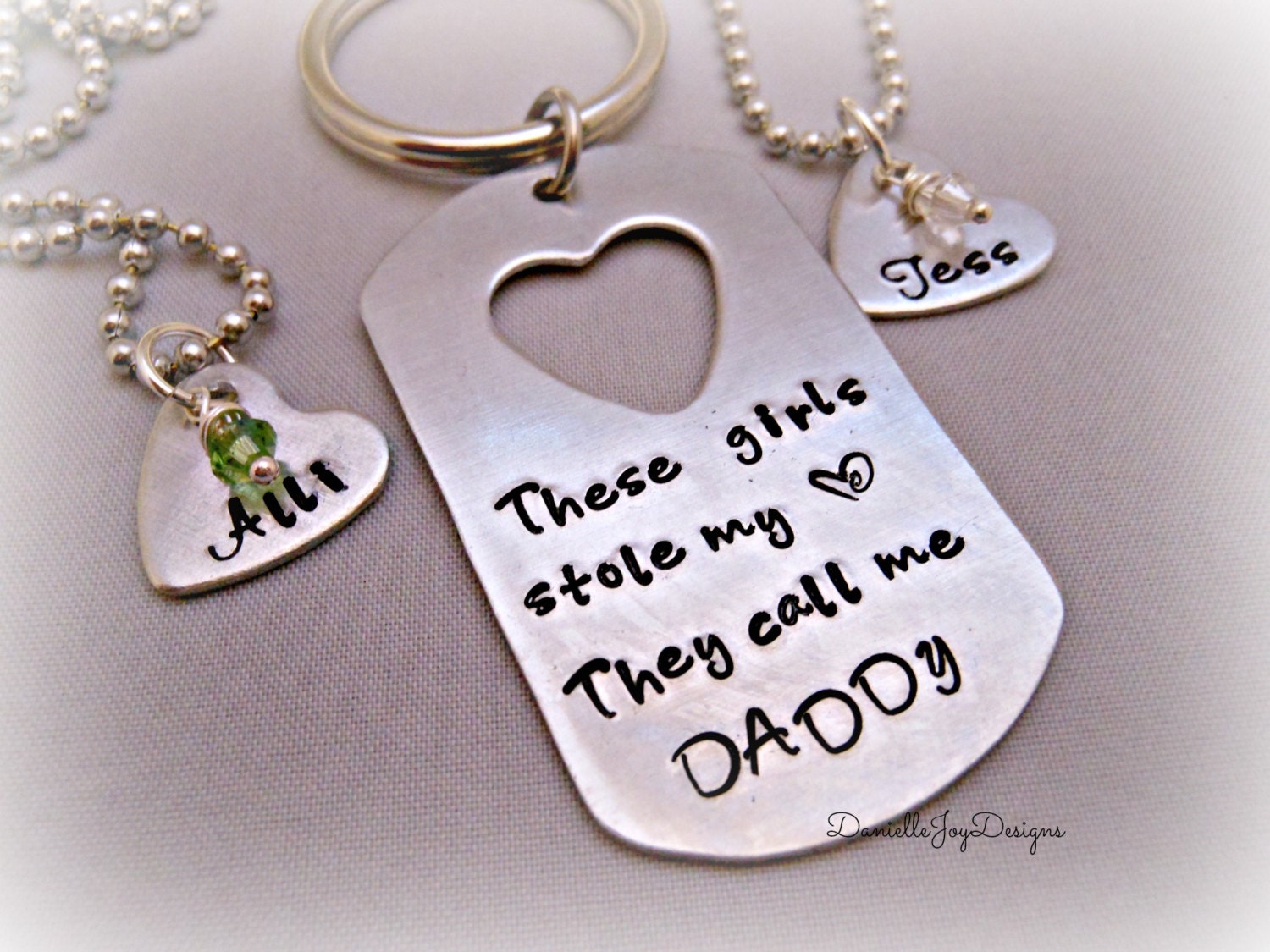 Personalized Hand Stamped Father Daughter "These Girls Stole My Heart. They Call Me Daddy" Dog Tag Mens Chain Key Chain