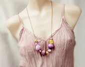 Chunky bead necklace, purple, lilac, lemon yellow, wooden, galaxy, bubble, contemporary.