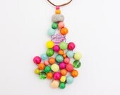 Contemporary wooden bead pendant, bright, hot pink, lime, turquoise, woven, funky, Random, bubble, abstract