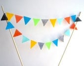 Birthday Cake Topper, Wedding Cake Bunting, colorful cake pennant flags, multicolor mini bunting, orange teal aqua blue grey, Handmade