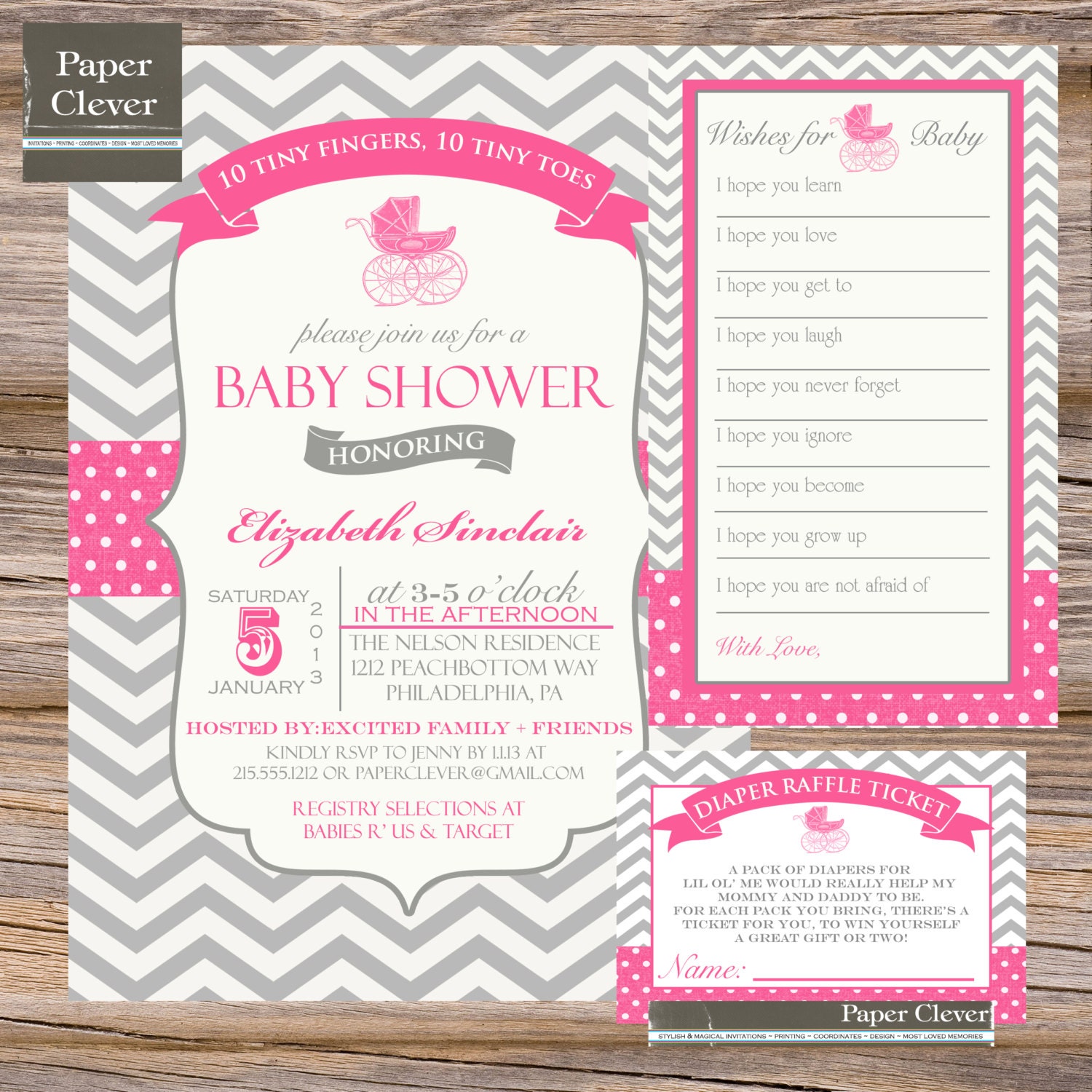 Girls baby shower invitation party pack carriage, chevron,hot pink- printable, digital file Il_570xn