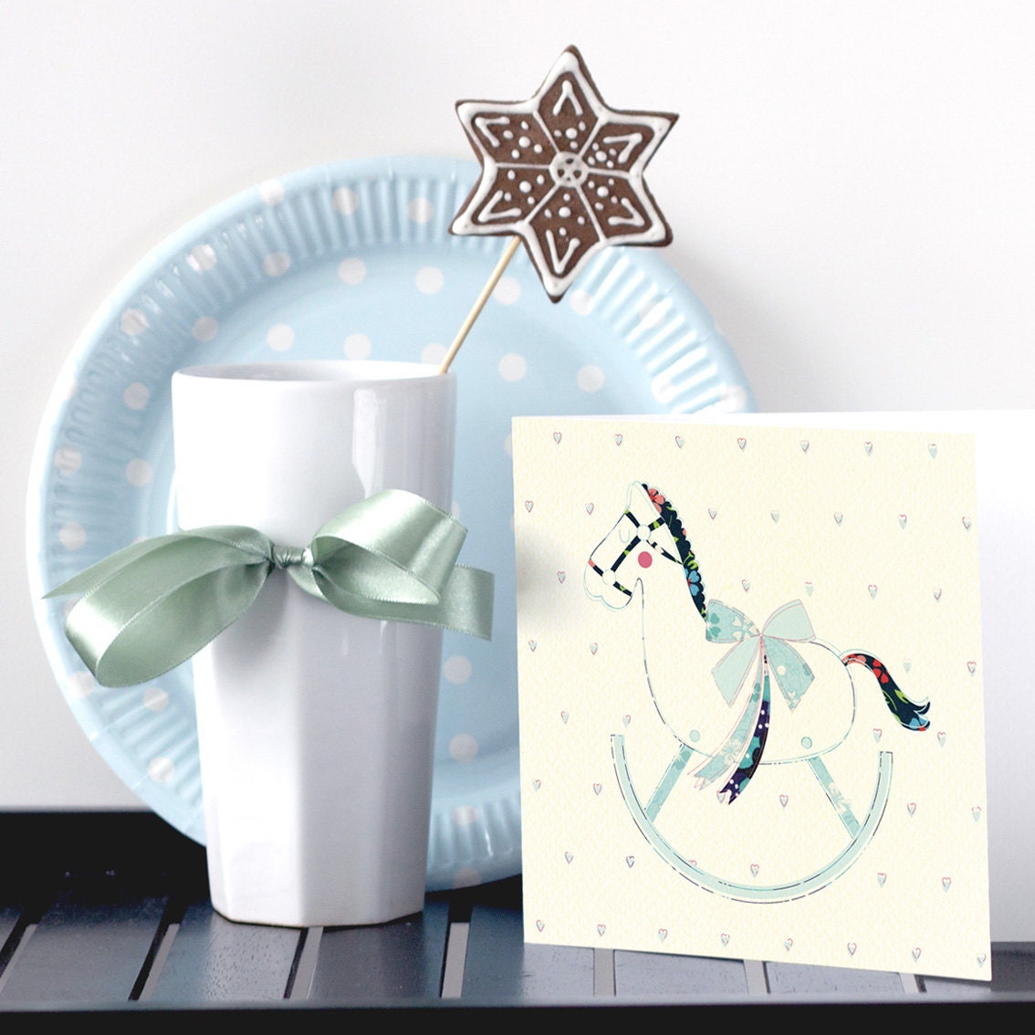 Turquoise Rocking Horse card set of 10 aimed for baby shower or boy's birthday